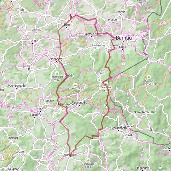 Map miniature of "Gravel Adventure from Waldthurn to Neuenhammer" cycling inspiration in Oberpfalz, Germany. Generated by Tarmacs.app cycling route planner