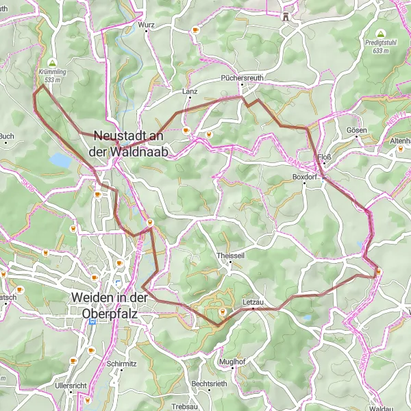 Map miniature of "Waldthurn Gravel Adventure" cycling inspiration in Oberpfalz, Germany. Generated by Tarmacs.app cycling route planner