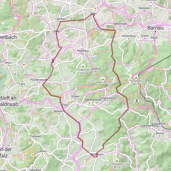 Karten-Miniaturansicht der Radinspiration "Abenteuerliche Schotterwege um Püchersreuth" in Oberpfalz, Germany. Erstellt vom Tarmacs.app-Routenplaner für Radtouren