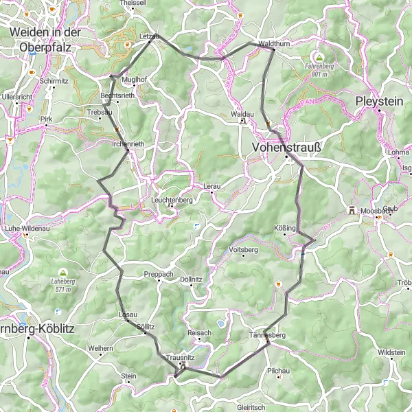 Map miniature of "The Hills and Valleys Road" cycling inspiration in Oberpfalz, Germany. Generated by Tarmacs.app cycling route planner