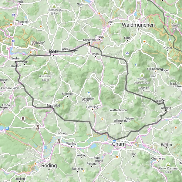 Map miniature of "Cham Countryside" cycling inspiration in Oberpfalz, Germany. Generated by Tarmacs.app cycling route planner
