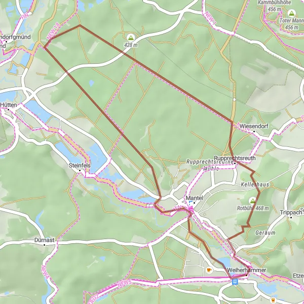 Map miniature of "Short but scenic gravel route near Weiherhammer" cycling inspiration in Oberpfalz, Germany. Generated by Tarmacs.app cycling route planner