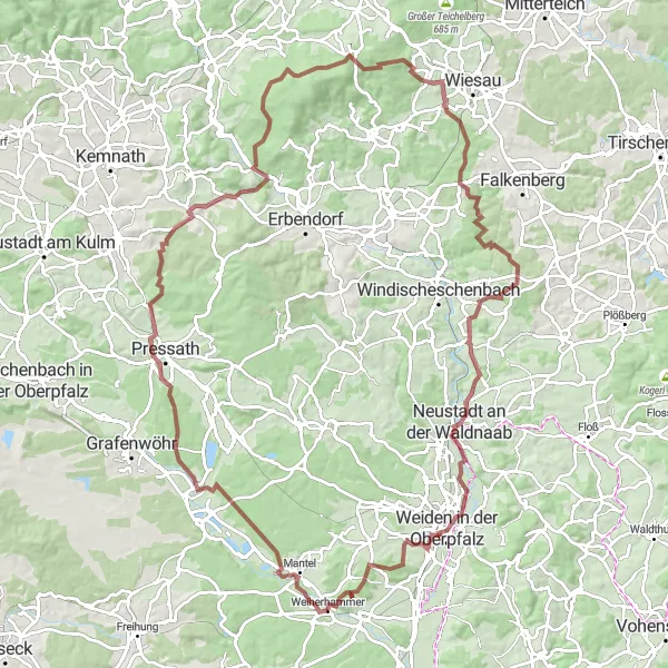 Karten-Miniaturansicht der Radinspiration "Gravel-Tour von Weiherhammer nach Weiden" in Oberpfalz, Germany. Erstellt vom Tarmacs.app-Routenplaner für Radtouren