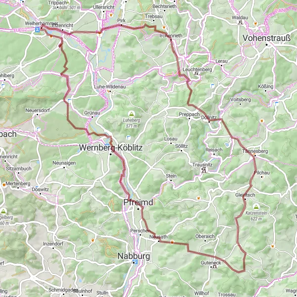 Karten-Miniaturansicht der Radinspiration "Gravel-Abenteuer um Weiherhammer" in Oberpfalz, Germany. Erstellt vom Tarmacs.app-Routenplaner für Radtouren