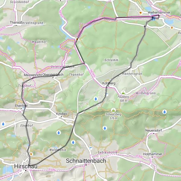 Karten-Miniaturansicht der Radinspiration "Kurze Radtour um Weiherhammer" in Oberpfalz, Germany. Erstellt vom Tarmacs.app-Routenplaner für Radtouren