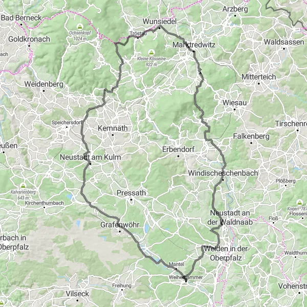 Karten-Miniaturansicht der Radinspiration "Hügeliges Abenteuer rund um Weiherhammer" in Oberpfalz, Germany. Erstellt vom Tarmacs.app-Routenplaner für Radtouren