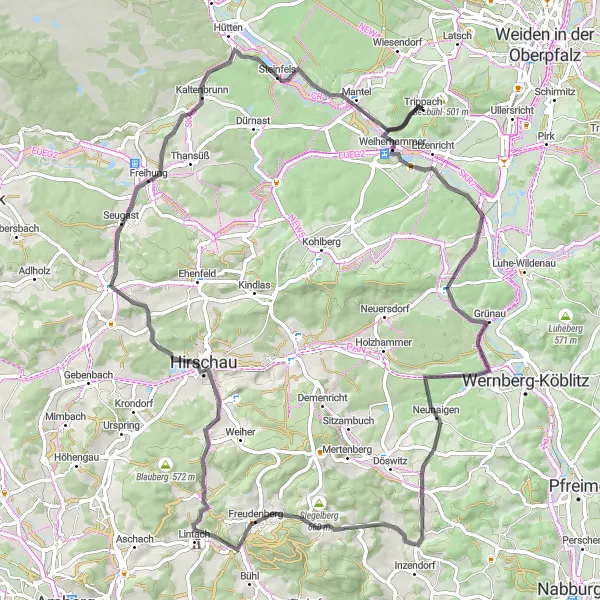 Map miniature of "Schwaigberg Loop" cycling inspiration in Oberpfalz, Germany. Generated by Tarmacs.app cycling route planner