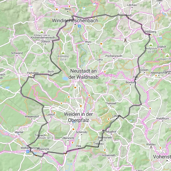 Karten-Miniaturansicht der Radinspiration "Rundweg um Parkstein und Trappenberg" in Oberpfalz, Germany. Erstellt vom Tarmacs.app-Routenplaner für Radtouren