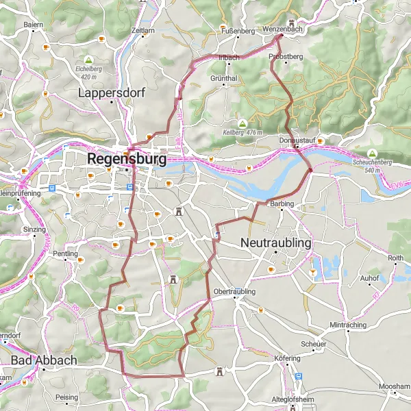 Map miniature of "Wenzenbach to Donaustauf Gravel Ride" cycling inspiration in Oberpfalz, Germany. Generated by Tarmacs.app cycling route planner