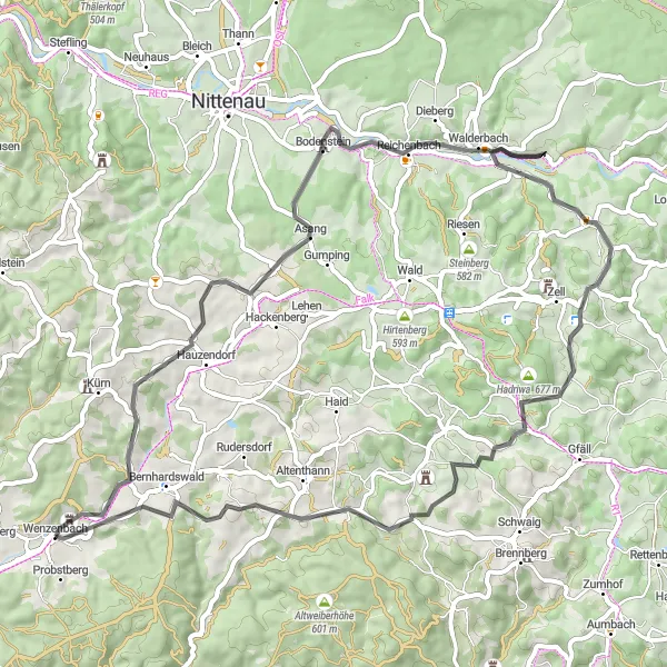 Map miniature of "Wenzenbach to Burgruine Siegenstein Road Ride" cycling inspiration in Oberpfalz, Germany. Generated by Tarmacs.app cycling route planner