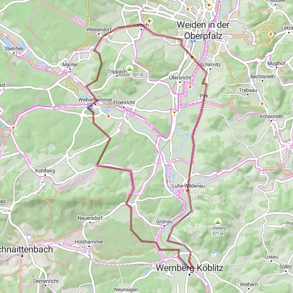 Karten-Miniaturansicht der Radinspiration "Gravel-Tour durch die Natur rund um Wernberg-Köblitz" in Oberpfalz, Germany. Erstellt vom Tarmacs.app-Routenplaner für Radtouren