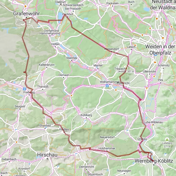 Map miniature of "Gravel Adventures" cycling inspiration in Oberpfalz, Germany. Generated by Tarmacs.app cycling route planner