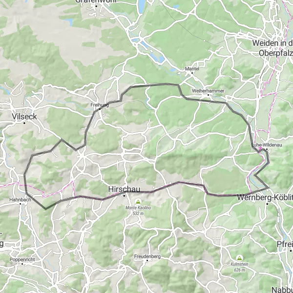 Map miniature of "The Montainous Adventure" cycling inspiration in Oberpfalz, Germany. Generated by Tarmacs.app cycling route planner