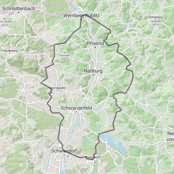Map miniature of "Nabburg Escape" cycling inspiration in Oberpfalz, Germany. Generated by Tarmacs.app cycling route planner