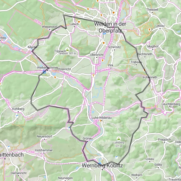 Karten-Miniaturansicht der Radinspiration "Rundtour über Oberköblitz und Weiherhammer" in Oberpfalz, Germany. Erstellt vom Tarmacs.app-Routenplaner für Radtouren