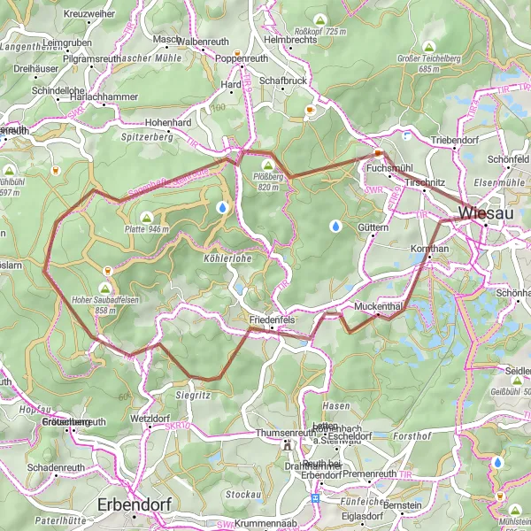 Map miniature of "Friedenfels Gravel Adventure" cycling inspiration in Oberpfalz, Germany. Generated by Tarmacs.app cycling route planner