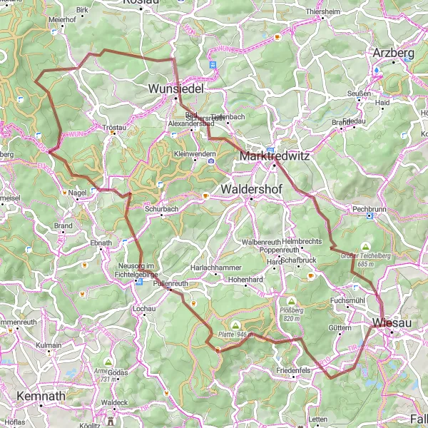 Map miniature of "Ochsenkopf Gravel Challenge" cycling inspiration in Oberpfalz, Germany. Generated by Tarmacs.app cycling route planner