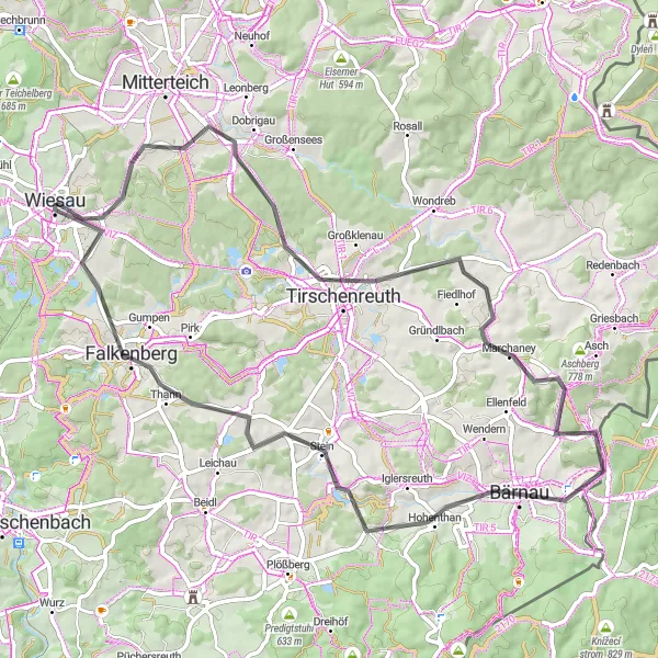 Map miniature of "Road Cycling Tour to Ödschönlind" cycling inspiration in Oberpfalz, Germany. Generated by Tarmacs.app cycling route planner