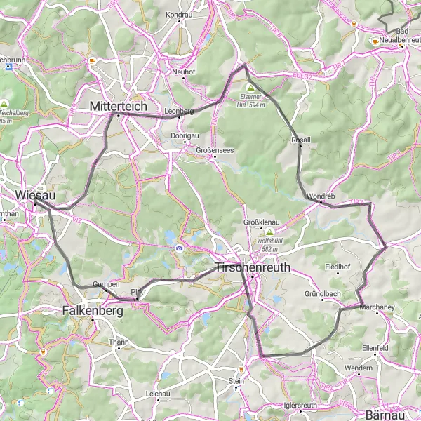 Map miniature of "Scenic Road Cycling Route to Wolfenstein" cycling inspiration in Oberpfalz, Germany. Generated by Tarmacs.app cycling route planner