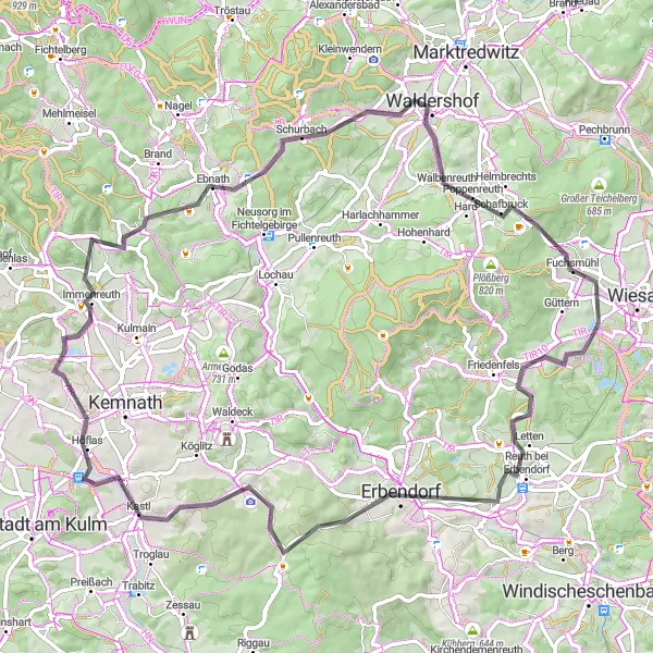 Map miniature of "Challenging Route to Fuchsmühl" cycling inspiration in Oberpfalz, Germany. Generated by Tarmacs.app cycling route planner