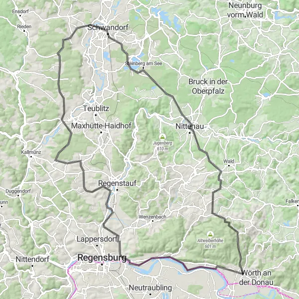 Karten-Miniaturansicht der Radinspiration "Über Hügel und Täler zu den historischen Stätten" in Oberpfalz, Germany. Erstellt vom Tarmacs.app-Routenplaner für Radtouren