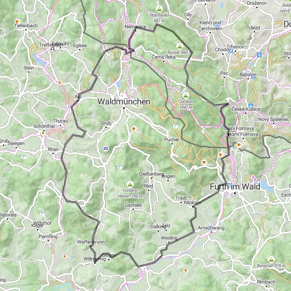 Map miniature of "The Great Forest Loop" cycling inspiration in Oberpfalz, Germany. Generated by Tarmacs.app cycling route planner