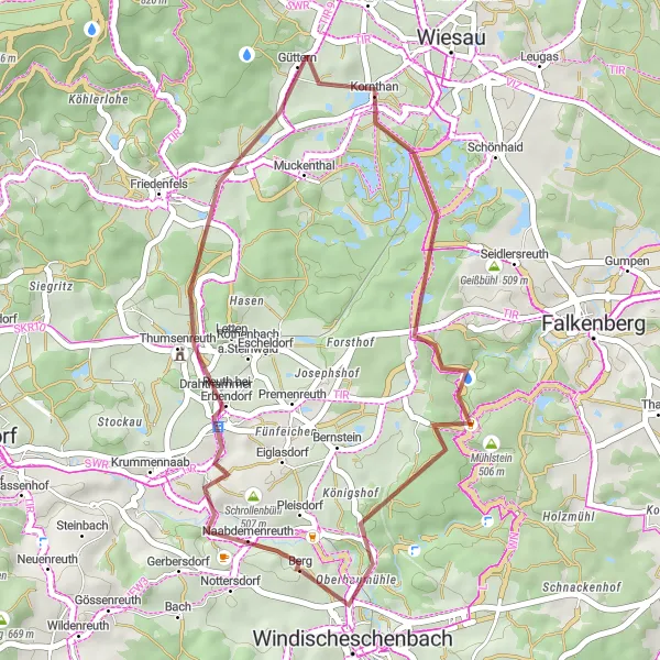 Map miniature of "Picturesque Countryside: Windischeschenbach - Reuth bei Erbendorf - Hansenberg - Mühlstein" cycling inspiration in Oberpfalz, Germany. Generated by Tarmacs.app cycling route planner