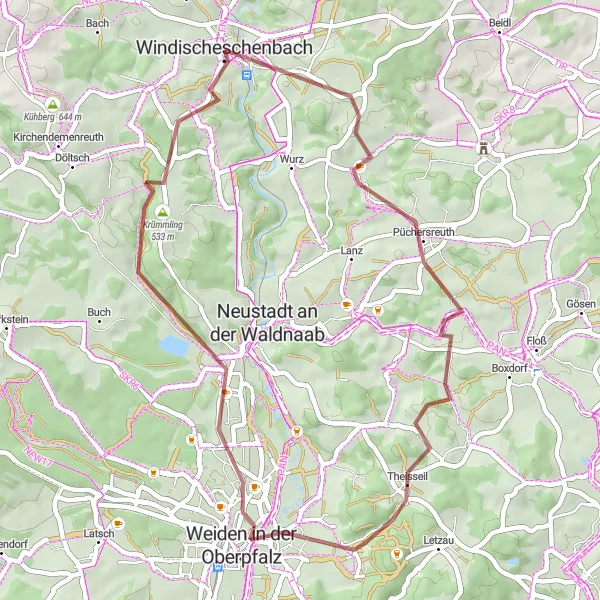 Karten-Miniaturansicht der Radinspiration "Waldnaab - Rundtour durch Dietersdorf und Weiden in der Oberpfalz" in Oberpfalz, Germany. Erstellt vom Tarmacs.app-Routenplaner für Radtouren