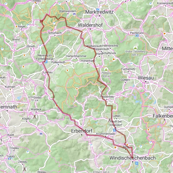 Map miniature of "Off the Beaten Path: Windischeschenbach - Erbendorf - Föhrenbühl - Neusorg im Fichtelgebirge - Ochsenkopf - Kleinwendern - Ruine Weißenstein" cycling inspiration in Oberpfalz, Germany. Generated by Tarmacs.app cycling route planner
