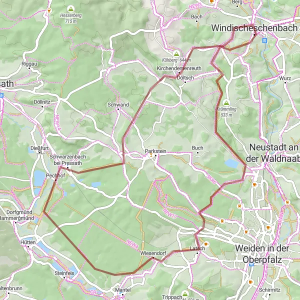 Map miniature of "Off-Roading Adventure: Windischeschenbach - Ritzerberg - Krümmling - Deschenbühl - Radl-Point - Schafkopf - Platte - Gleißenthal" cycling inspiration in Oberpfalz, Germany. Generated by Tarmacs.app cycling route planner