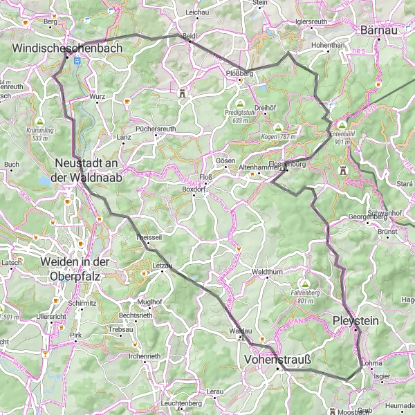 Map miniature of "Challenging Road Circuit" cycling inspiration in Oberpfalz, Germany. Generated by Tarmacs.app cycling route planner