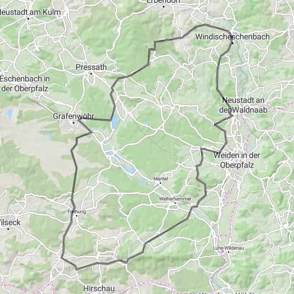 Map miniature of "Amidst Beautiful Countryside: Windischeschenbach - Altenstadt an der Waldnaab - Etzenricht - Löwenhubel - Höllberg - Freihung - Grafenwöhr - Tannenberg - Stockberg" cycling inspiration in Oberpfalz, Germany. Generated by Tarmacs.app cycling route planner