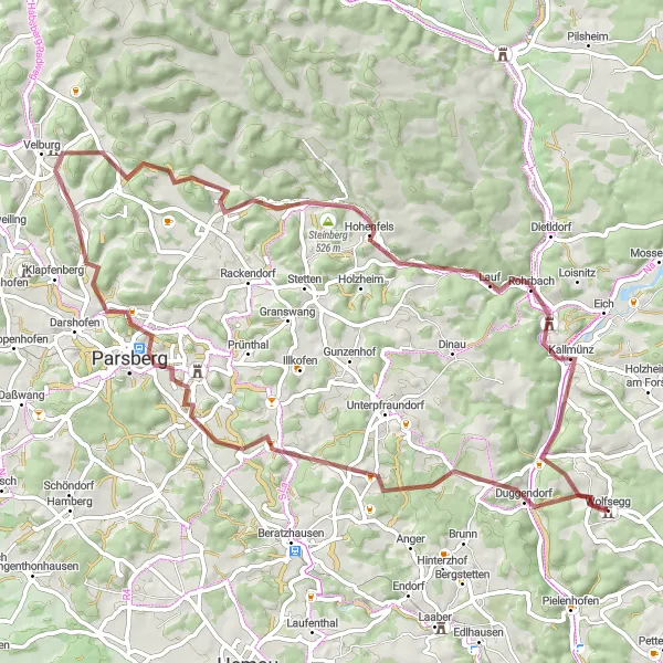 Map miniature of "Gravel Grooves around Wolfsegg" cycling inspiration in Oberpfalz, Germany. Generated by Tarmacs.app cycling route planner