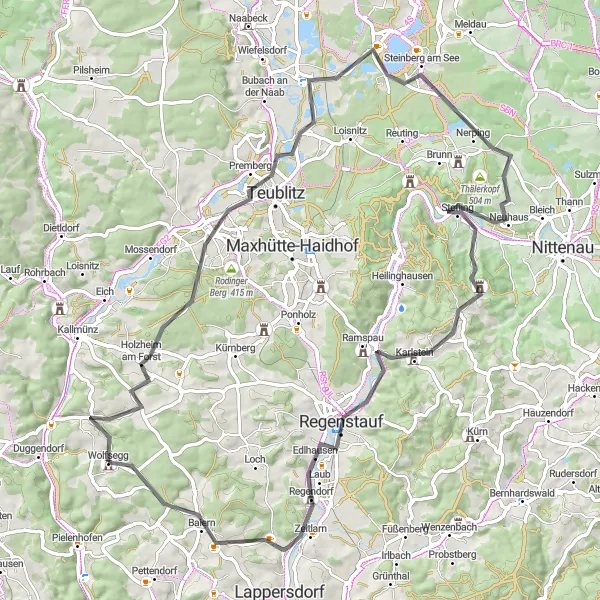 Map miniature of "Challenging Road Cycling Tour near Wolfsegg" cycling inspiration in Oberpfalz, Germany. Generated by Tarmacs.app cycling route planner