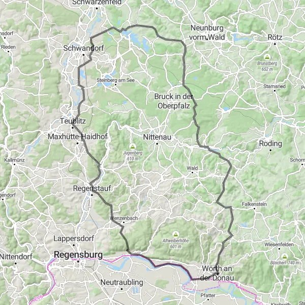 Map miniature of "Danube Hill Tour" cycling inspiration in Oberpfalz, Germany. Generated by Tarmacs.app cycling route planner