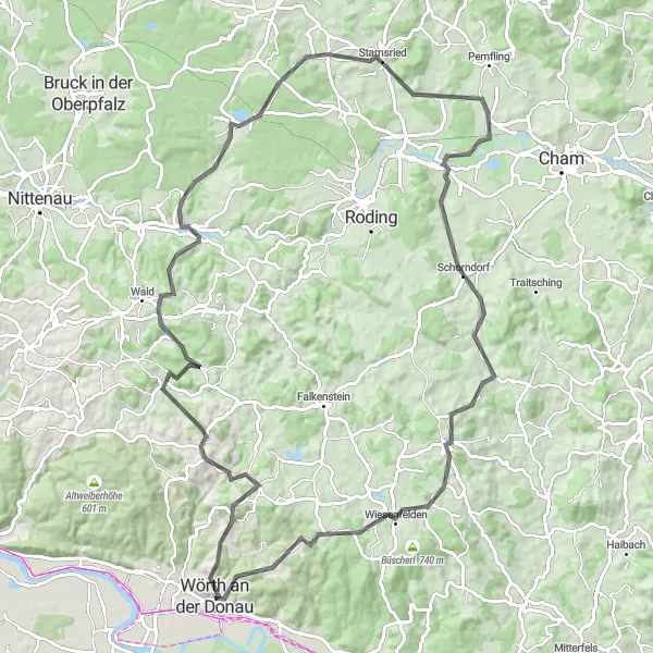 Map miniature of "Forest and Castle Circuit" cycling inspiration in Oberpfalz, Germany. Generated by Tarmacs.app cycling route planner