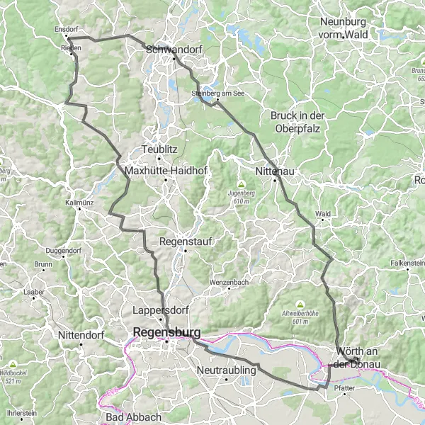 Karten-Miniaturansicht der Radinspiration "Road Route entlang der Donau" in Oberpfalz, Germany. Erstellt vom Tarmacs.app-Routenplaner für Radtouren