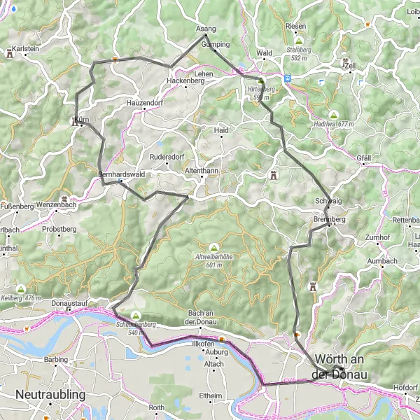 Karten-Miniaturansicht der Radinspiration "Donau-Bergblick-Rundfahrt" in Oberpfalz, Germany. Erstellt vom Tarmacs.app-Routenplaner für Radtouren