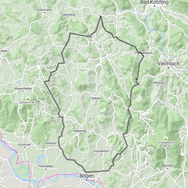 Karten-Miniaturansicht der Radinspiration "Hügeliges Abenteuer durch den Bayerischen Wald" in Oberpfalz, Germany. Erstellt vom Tarmacs.app-Routenplaner für Radtouren