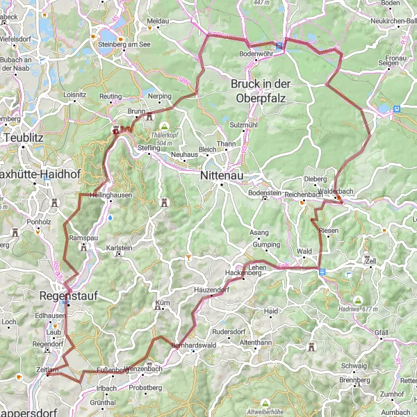 Map miniature of "Scenic Gravel Route through Regenstauf and Walderbach" cycling inspiration in Oberpfalz, Germany. Generated by Tarmacs.app cycling route planner