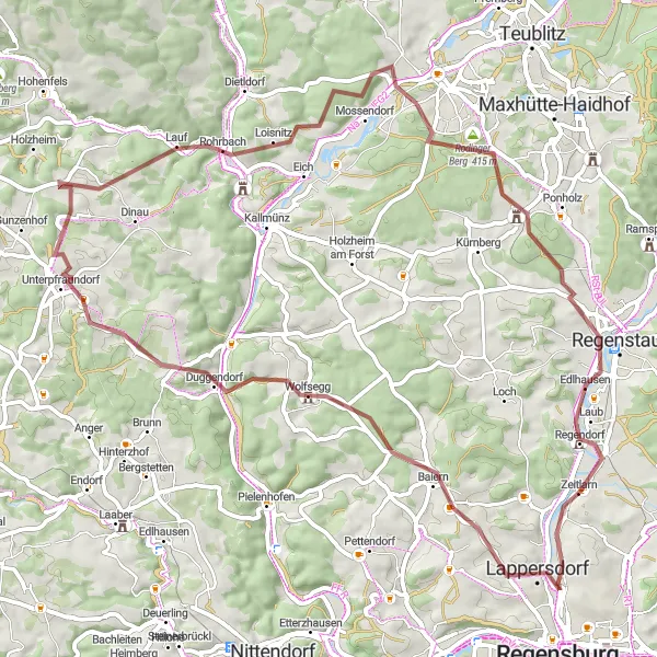 Map miniature of "Scenic Gravel Ride around Lappersdorf" cycling inspiration in Oberpfalz, Germany. Generated by Tarmacs.app cycling route planner