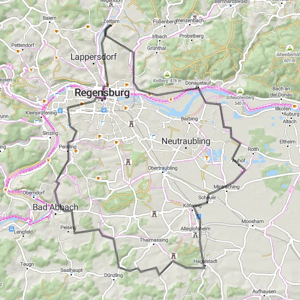 Karten-Miniaturansicht der Radinspiration "Erkundungstour durch Regensburg und Umgebung" in Oberpfalz, Germany. Erstellt vom Tarmacs.app-Routenplaner für Radtouren