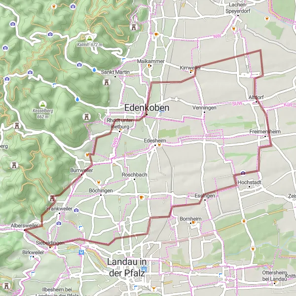 Map miniature of "The Hidden Gems of Rheinhessen-Pfalz on Gravel" cycling inspiration in Rheinhessen-Pfalz, Germany. Generated by Tarmacs.app cycling route planner