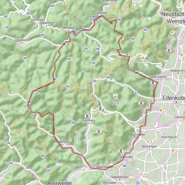 Map miniature of "Gravel Ride through Eußerthal and Albersweiler" cycling inspiration in Rheinhessen-Pfalz, Germany. Generated by Tarmacs.app cycling route planner