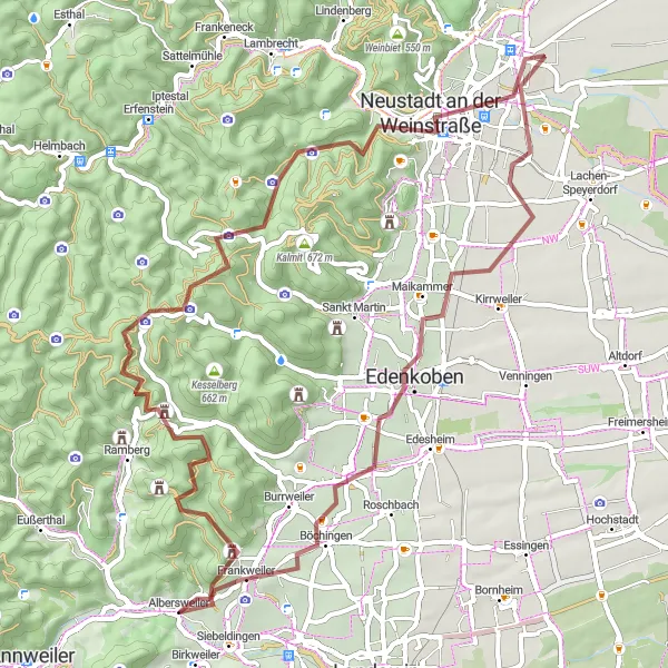 Karten-Miniaturansicht der Radinspiration "Gravelabenteuer durch die Weinberge" in Rheinhessen-Pfalz, Germany. Erstellt vom Tarmacs.app-Routenplaner für Radtouren