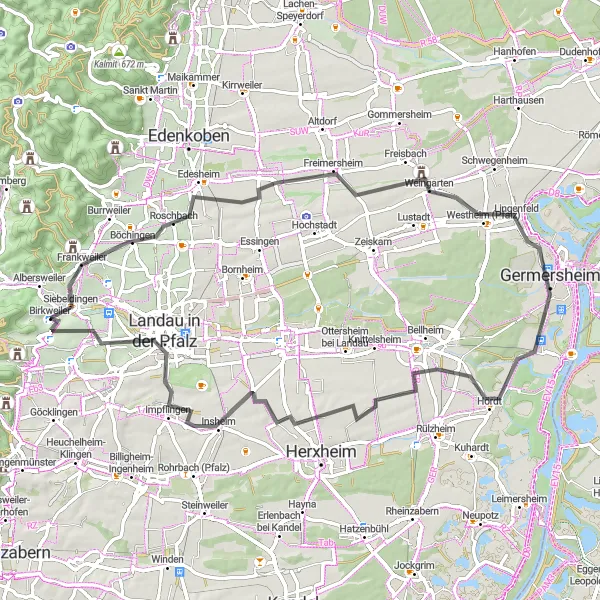 Karten-Miniaturansicht der Radinspiration "Radtour durch malerische Landschaften" in Rheinhessen-Pfalz, Germany. Erstellt vom Tarmacs.app-Routenplaner für Radtouren