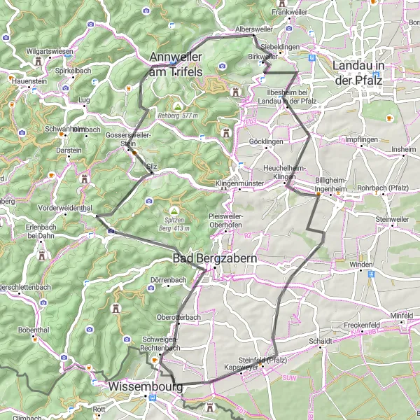 Karten-Miniaturansicht der Radinspiration "Rundtour durch die Südpfalz" in Rheinhessen-Pfalz, Germany. Erstellt vom Tarmacs.app-Routenplaner für Radtouren