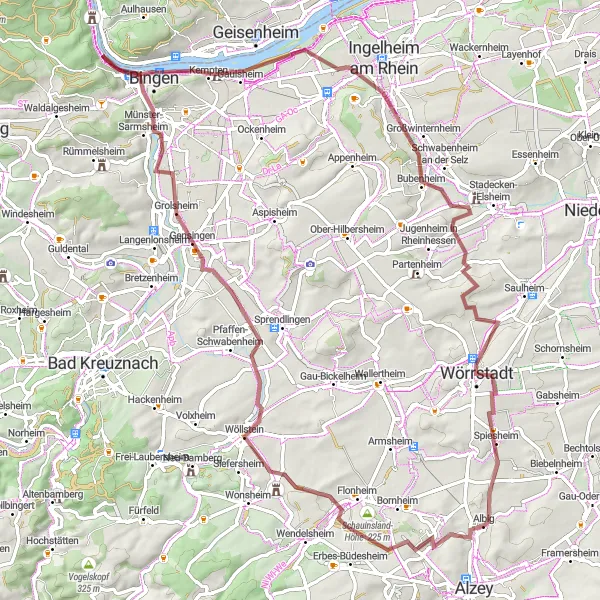 Map miniature of "Discover Rheinhessen-Pfalz Gravel Adventure" cycling inspiration in Rheinhessen-Pfalz, Germany. Generated by Tarmacs.app cycling route planner