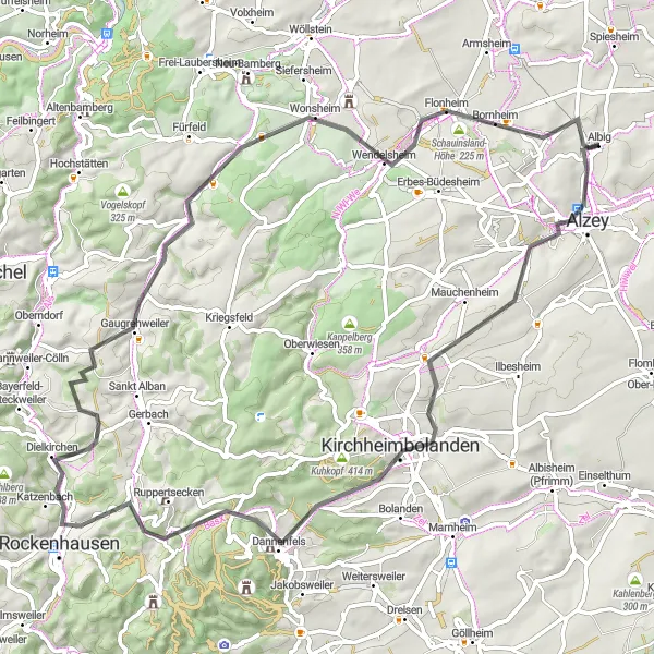 Map miniature of "Scenic Road Cycling Tour from Albig" cycling inspiration in Rheinhessen-Pfalz, Germany. Generated by Tarmacs.app cycling route planner