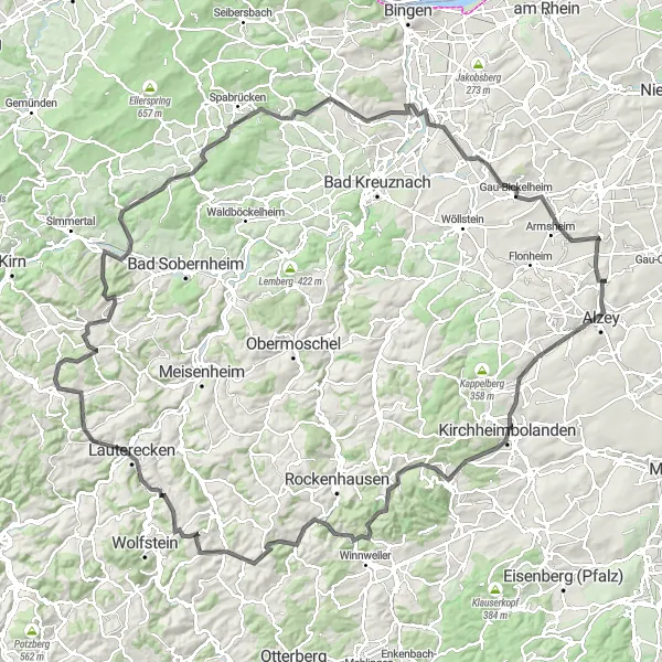 Map miniature of "Ultimate Rheinhessen Road Cycling Challenge" cycling inspiration in Rheinhessen-Pfalz, Germany. Generated by Tarmacs.app cycling route planner